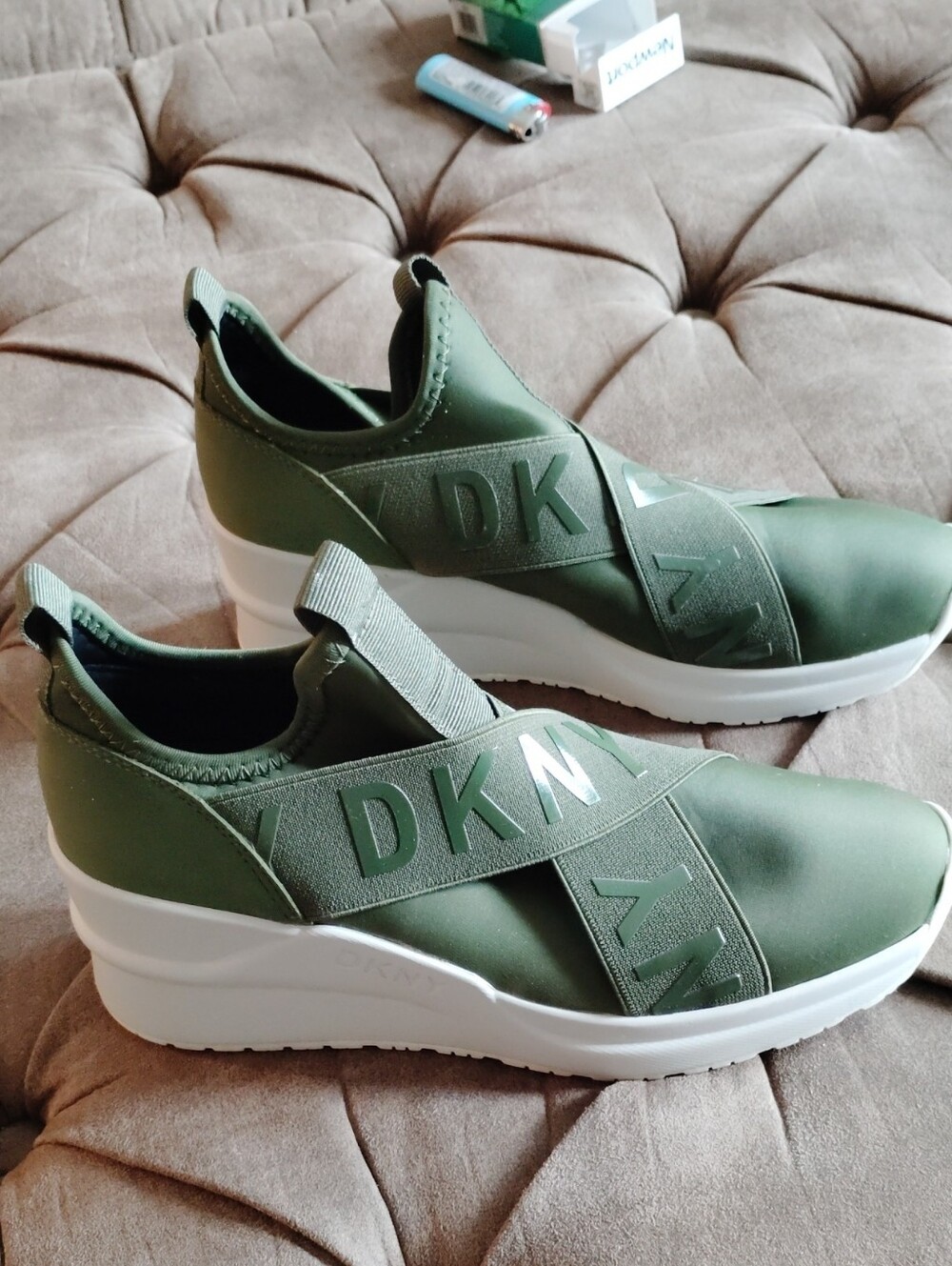 DKNY Olive Green Slip-On Platform Sneakers with White Sole